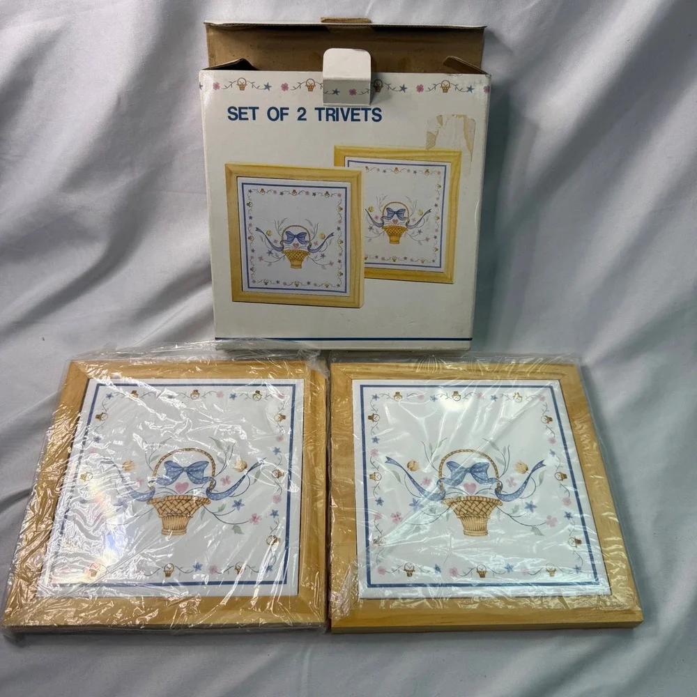 Vintage Set of 2 Ceramic Tile Wood Framed Trivets Country Floral Basket Wall Art